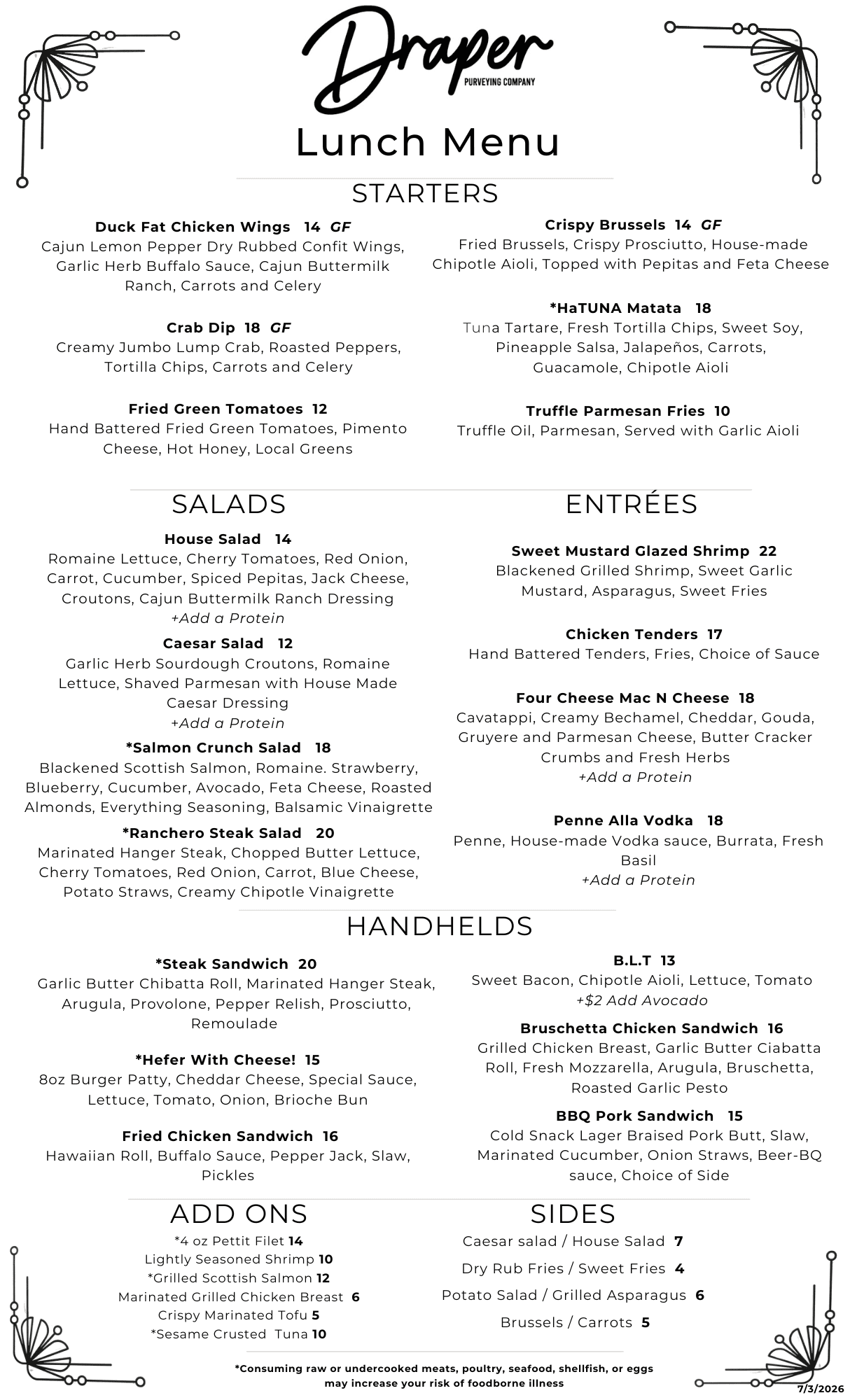 Draper Lunch Menu